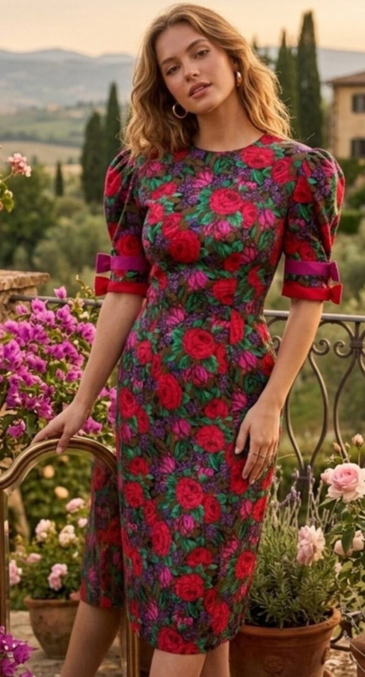 Vintage Leslie Lucks Red Rose Motif Sheath Midi Dress with Puff Sleeves